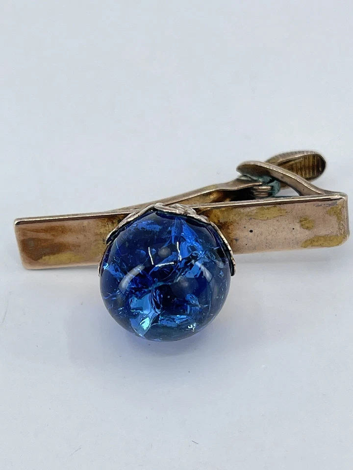 Barra de clip de corbata esfera de vidrio azul tono dorado 14 mm diseño abierto ajuste 1,5" Foto 3 de 4