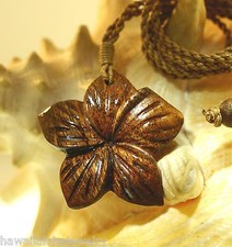 39.5mm Genuine Carved Hawaiian Acacia Koa Wood Hibiscus Flower Necklace 26" 1