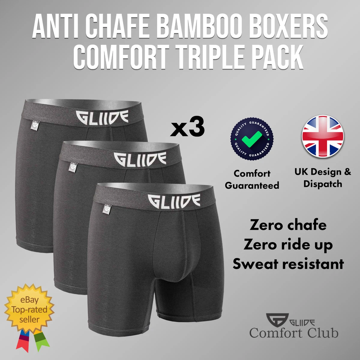 TRIPLE PACK* Mens Bamboo Ultra Comfort No Chafe Underwear Sweat Resistant  Boxer