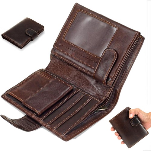 Genuine Leather Mens Purse Trifold Brown Large Capacity Credit Card RFID Wallet - Picture 1 of 12