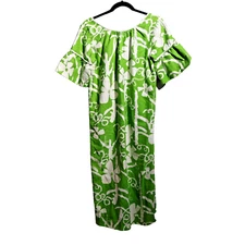 VTG 60s Kay O Kauai Hawaii Green Floral Mumu Luau House Dress Groovy Mod L Tiki