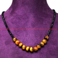 Natural 3mm Faceted Black Spinel Yellow Tigers Eye Gemstone Beads Necklace 18''