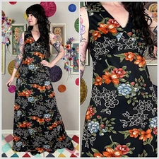 Vintage 1970s Black Floral Sleeveless A-Line Maxi Dress | 30" Waist