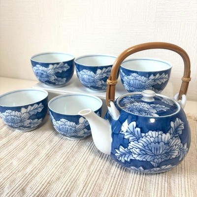 Arita Ware Kazan Kiln Teapot & 5 Cups Blue Porcelain Peony Traditional Tea Set