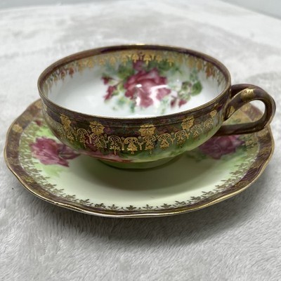 Antique Richard Ginori Tea Cup & Saucer Italian China Hand Painted Floral & Gold