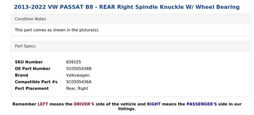 2013-2022 VW PASSAT B8 - REAR Right Spindle Knuckle W/ Wheel Bearing - Picture 5 of 6