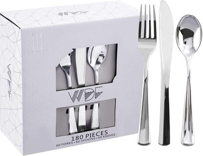 180 Pieces Silver Plastic Silverware  Silver Plastic Cutlery  Fancy Plastic S...