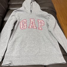Gap Kids Girls Gray Floral Logo Pullover Hoodie Size Medium