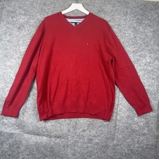 Tommy Hilfiger Men  s Long Sleeve V-Neck Knit Sweater Cotton Red Logo XL