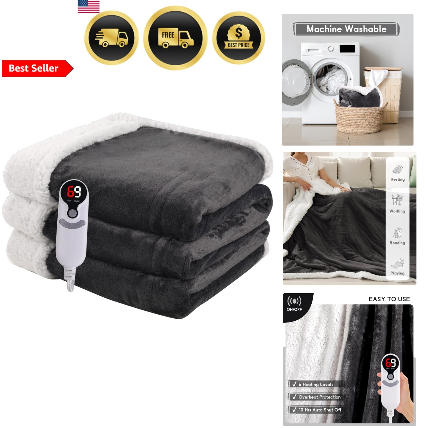 Electric Heated Blanket Full Size Flannel Soft Throw Cozy Wa