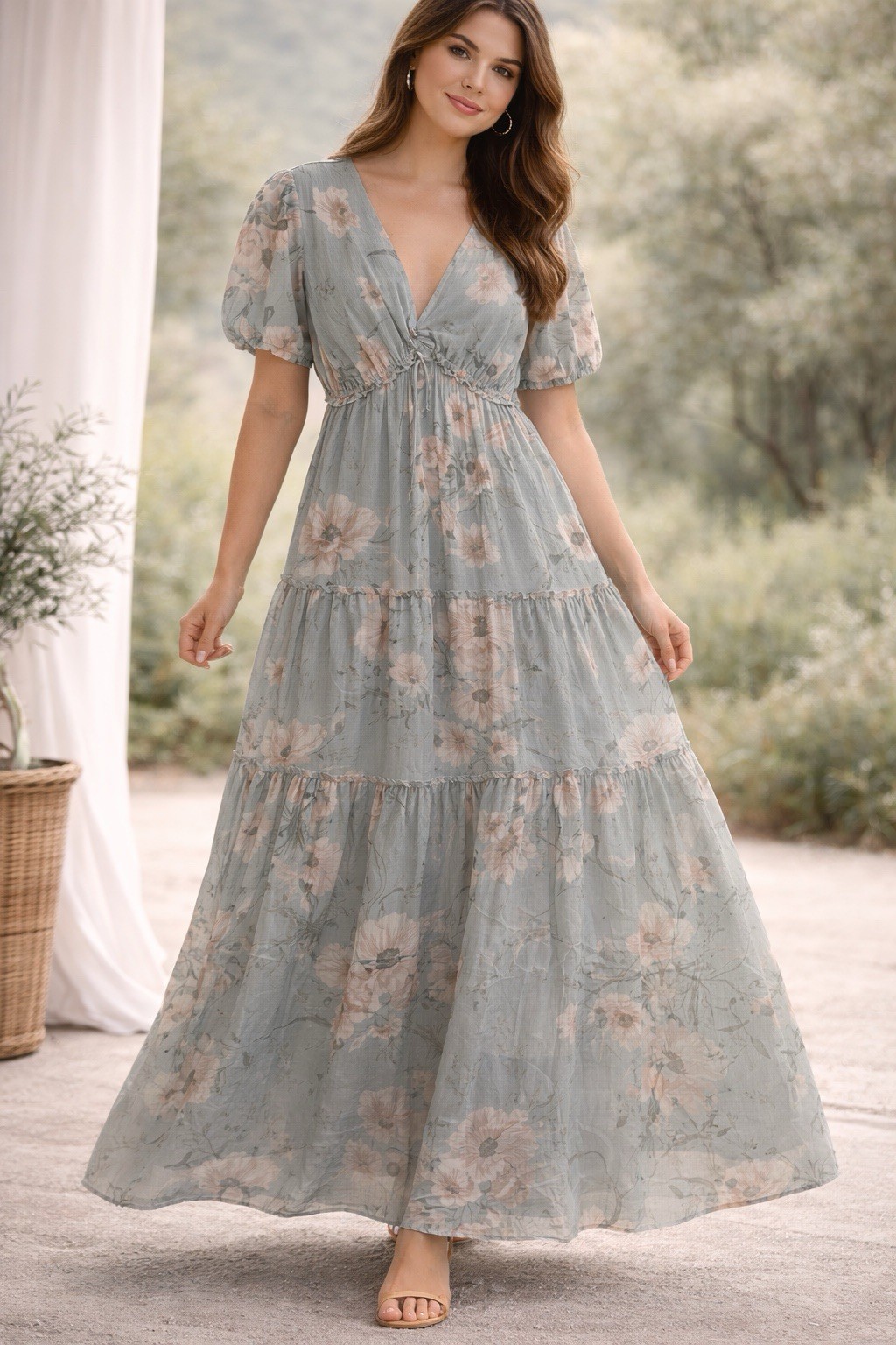 Baltic Born Blue Floral Midi Dress Tie Waist Tiered Cottagecore Boho Romantic 2x