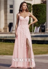 Stacees Women's A-Line Tulle Prom Dress Sweep Train Beading Lace Size Small