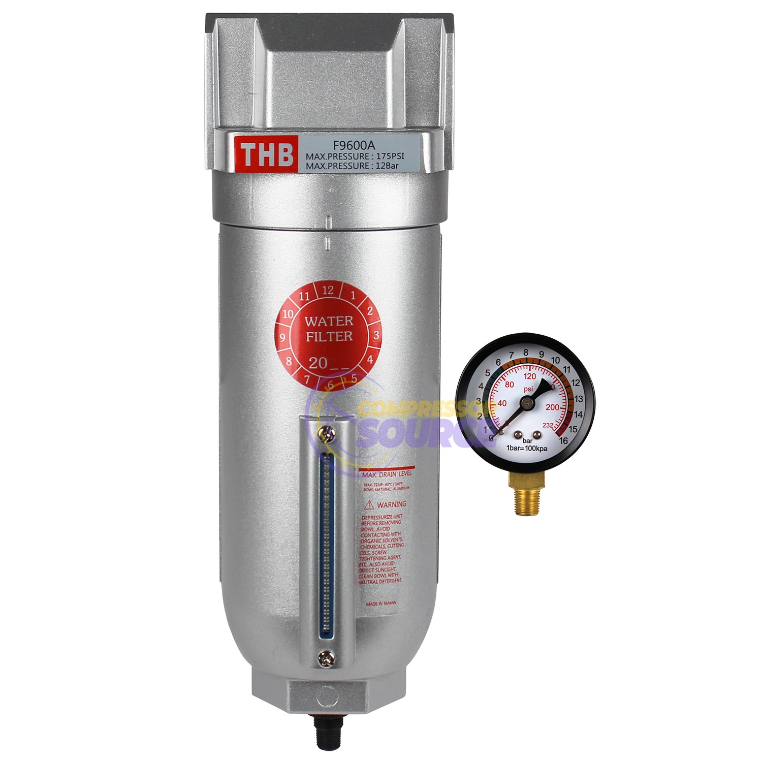THB 3/4" Compressed Air Water Filter Auto Drain with Pressure Gauge F966NA