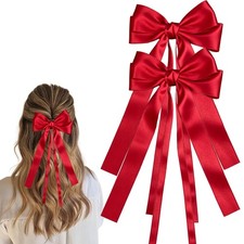 2 PCS Large Bows Hair Clip, Long Tail Satin Hair Bow for Thick  Thin Red