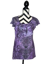 Whimsigoth Fairycore Y2K Witchy Purple Sheer Flutter Sleeves Top Sz L