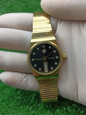 RADO VOYAGER BLACK ROUND WATCH VINTAGE GOLD PLATED SWISS MADE