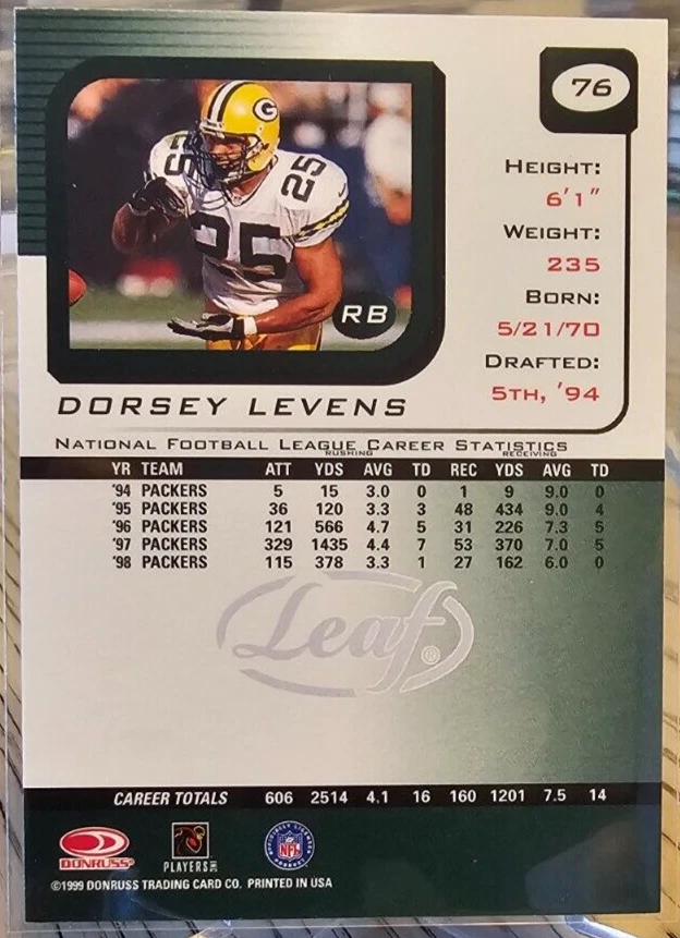 1999 Leaf Rookies & Stars Dorsey Levens #76 Packers - Image 2 of 2