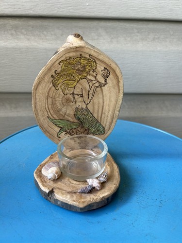 Nandick Hill Mermaid Beach Pyrography Wood Tea Light Candle Holder Boho 6"