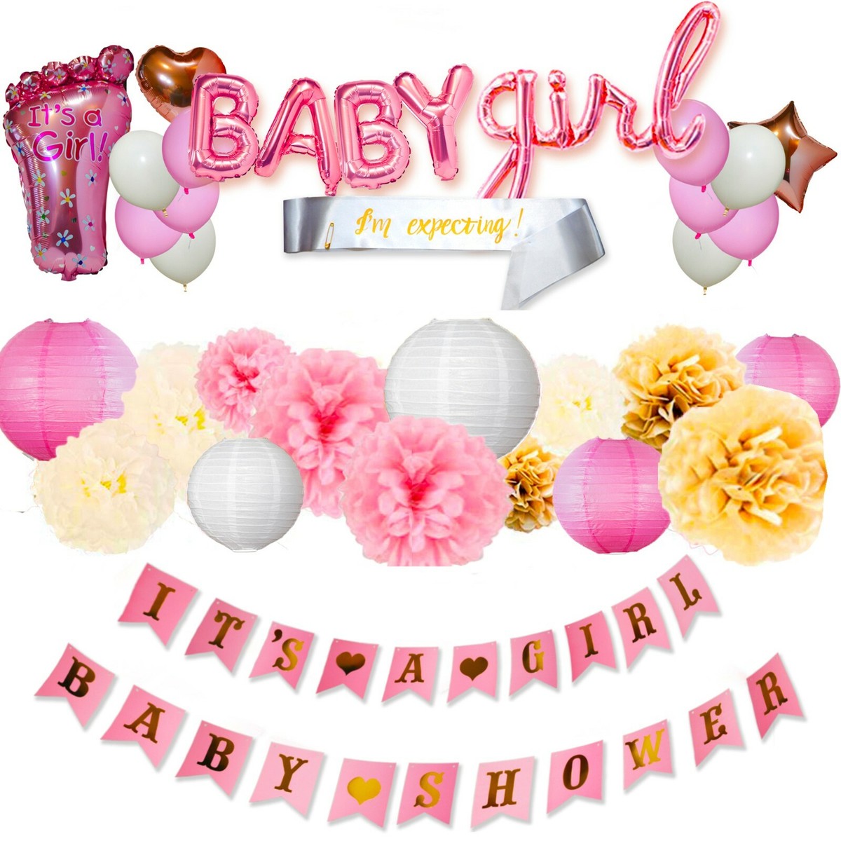 37 Piece Baby Shower Decorations for Girl: Banners Balloons