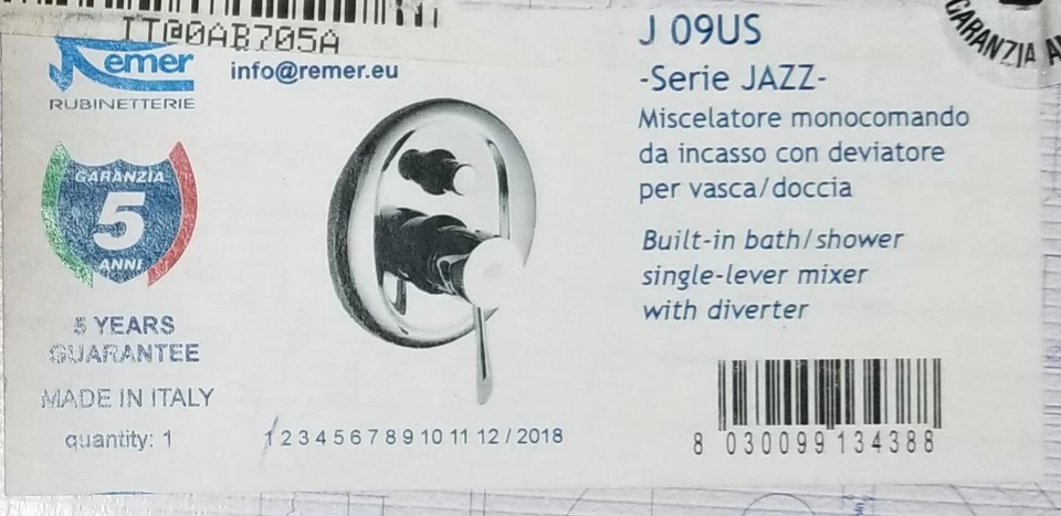 Remer J09 Jazz Desviador Montado en Pared Oculto de una Palanca en Cromo, ITALIANO Foto 2 de 4