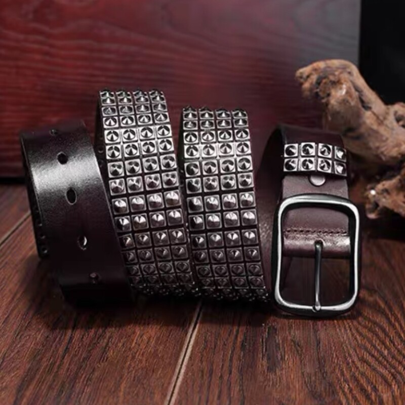 Real Leather Waist Belt Heavy Metal Rivet Studded Men Punk