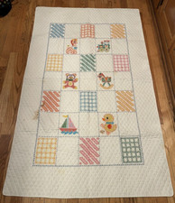 Handmade  Hand-Embroidered BABY QUILT from the 50s or 60s pre-owned