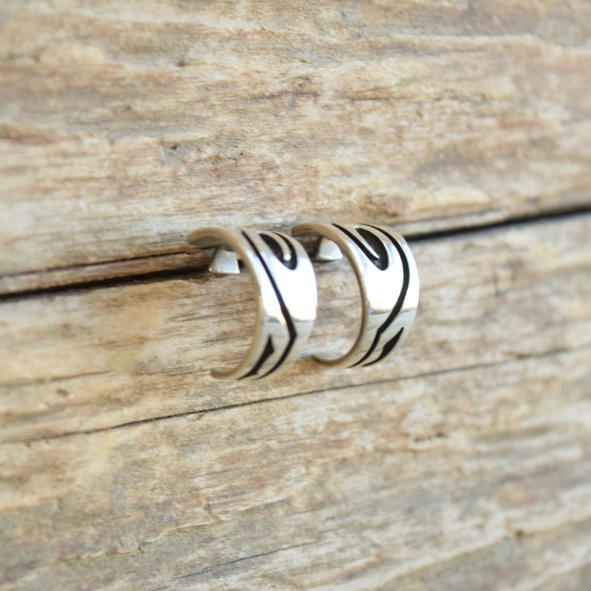 Hopi Crafts Silver Overlay Hoop Earrings - Signed Tony Kyasyousie 
