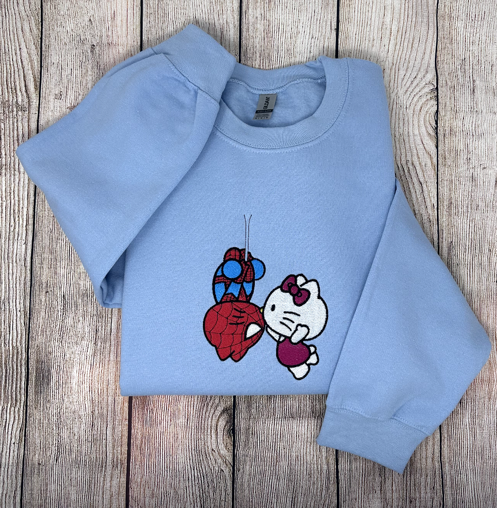 Hello Kitty Spider-Man Kiss Embroidered Crewneck Unisex Sweatshirt