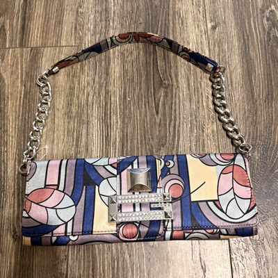GUESS Multicolor Geometric Shoulder Bag w/ Chain Strap Rhinestone Stud Snap