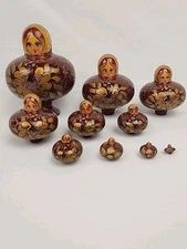 Vintage Matryoshka Russian Wood Nesting Doll 10 Piece Large Set Gold Flowers HTF