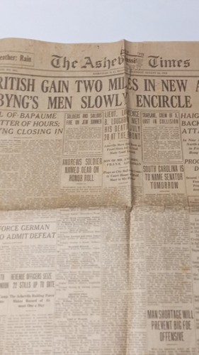 The Asheville Times Newspaper August 26 1918 British Gain Two Miles