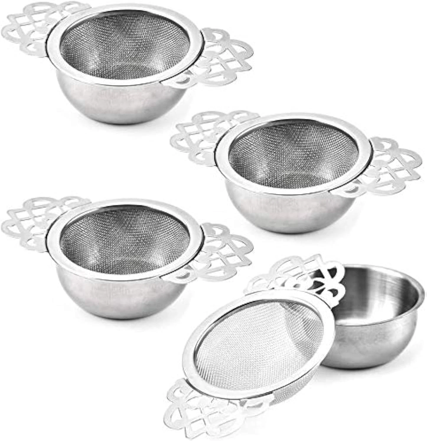 4 Set Tea Strainers with Drip Bowls, Loose Leaf Tea Strainers with Double Winged