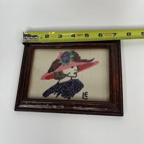 Vintage Wall Art Needlepoint Mini Portrait Woman With Hat Decor Wood Frame - Picture 6 of 7