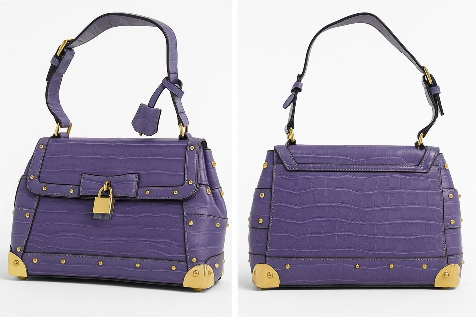 Satchel Bag Purse Handbag Lavender Croc Embossed Gold Stud Lock/Key Structured - Image 2 of 4