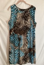 Effortless Style CityKnits Sleeveless Shift Jersey Dress L Blue Brown Animal