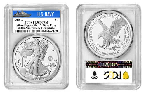 2025-S (PR70) Proof American Silver Eagle ~ U.S. NAVY Privy First Strike $1 PCGS