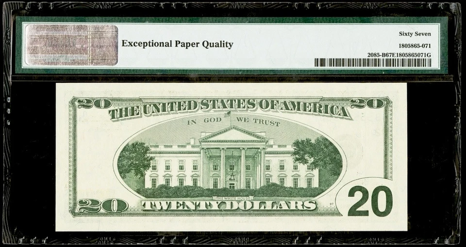 Near Solid Serial Number 55555550 1999 $20 Dollar Fancy Serial PMG 67 EPQ Superb - Image 2 of 2