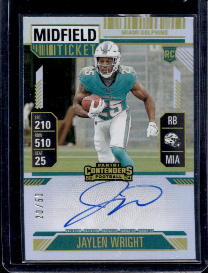 2024 Contenders Jaylen Wright Rookie Ticket Variation Auto Midfield VAR #20/50