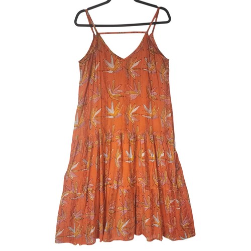 Oliphant Tiered Midi Dress Women L Orange Floral V-Neck Spaghetti Strap Cotton - Picture 3 of 9
