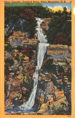 Postcard NH White Mountains Crawford Notch Silver Cascade Waterfall Stream Linen