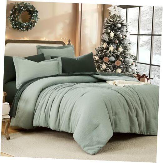 MaiRêve Size Comforter Sets, Textured Design Minimalist Full Sage Green