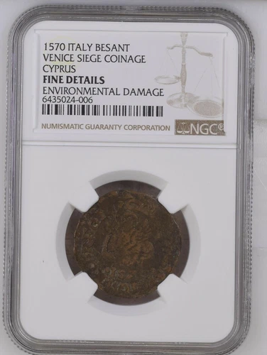 1570 Siege of Famagusta Bisante Cyprus NGC Fine Details ENV. DMG.  VERY RARE!!!