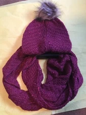 Rampage Sequin Knit Beanie And Infinity Scarf Set Burgundy Same Day Shipping ! 