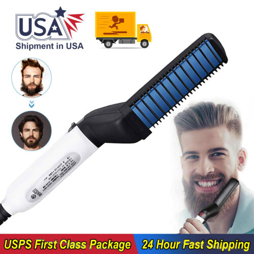 US Hair Straightener For Men Multifunctional Curling Electric Brush Beard Comb - Afbeelding 1 van 12