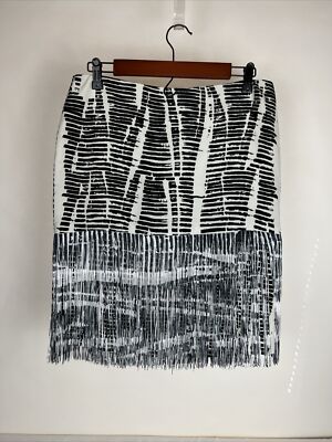 Per Se Size 10 Fringe Skirt 100% Silk Black Gray White Lined Zippered Slit NWot