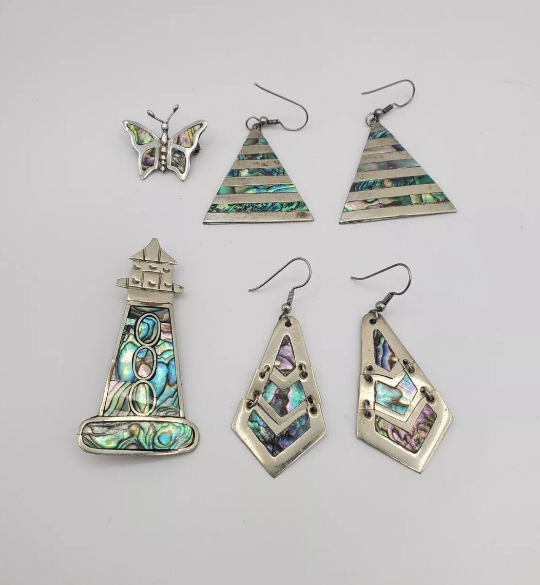 Vintage 925 Silver Earrings Pin Brooch Set Mexico Mosaic Fine