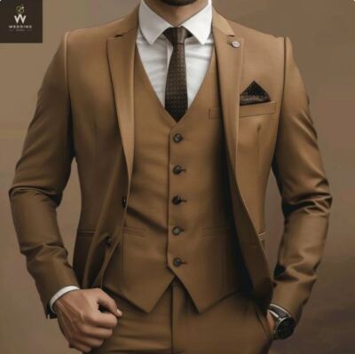 Men's Brown Three-Piece Wedding Suit Bespoke Custom Tailored