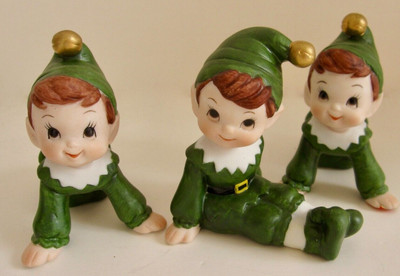 Vintage 90s Lefton 3 Ceramic Elf Figurines Christmas St Patricks Elves Pixies