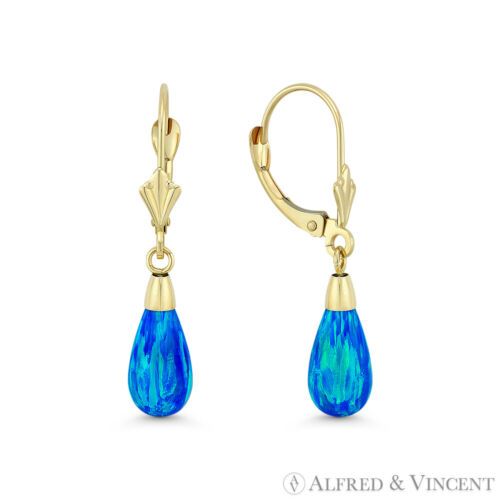 Ocean Blue Lab-erstellte Opal 14k Gelbgold Hebel Long Drop Hängel Ohrringe - Bild 2 von 3