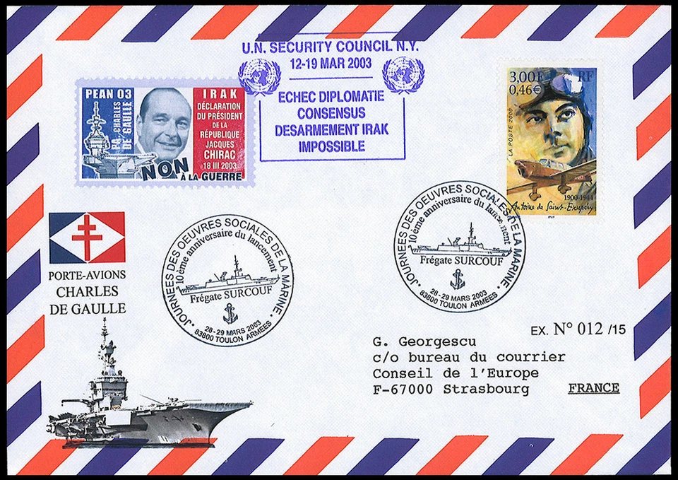 PADG03-9/12: 4 plis "PA Charles de Gaulle CONSEIL SÉCURITÉ ONU Guerre Irak 2003" - Photo 4/4